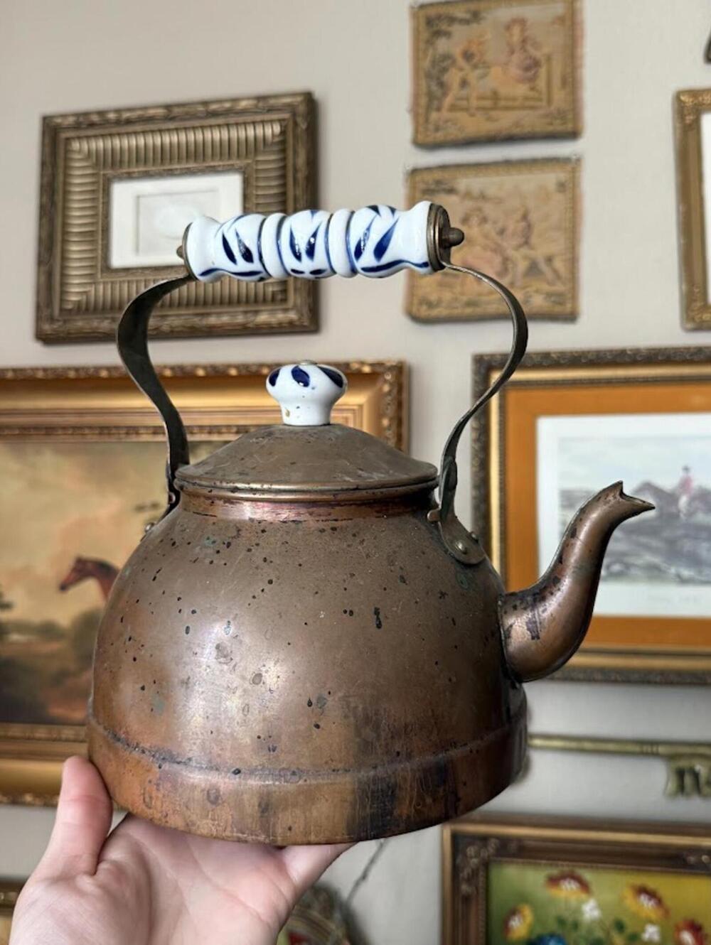 Vintage Copper Tea Kettle w White and Blue Porcelain Handle
